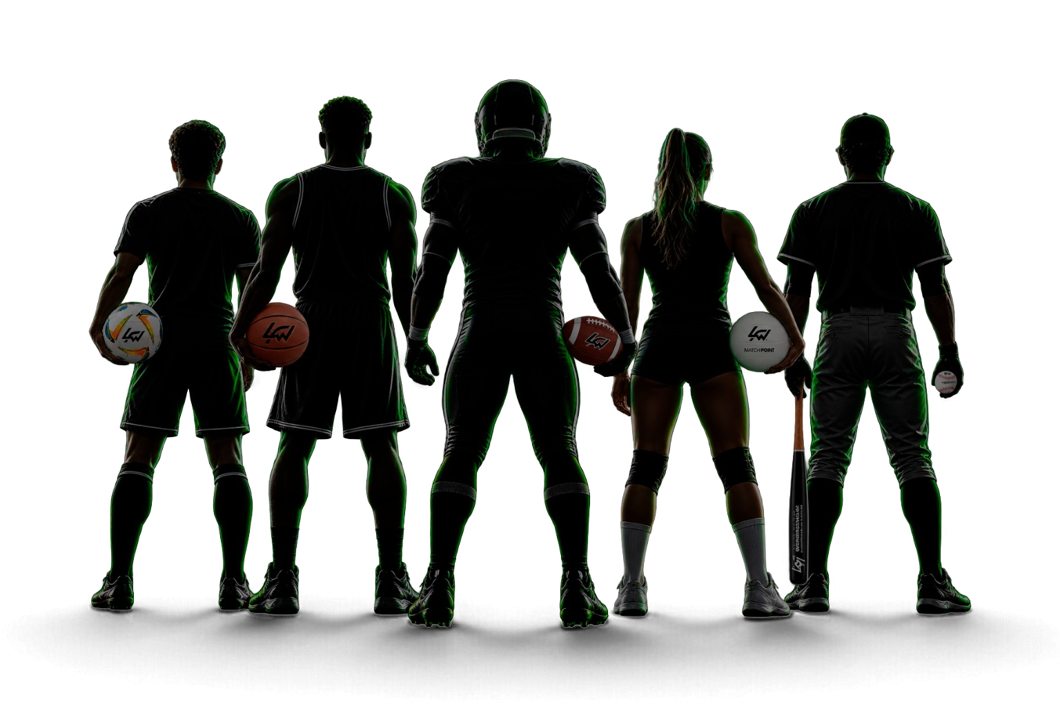 Deportistas LIFEWORKS de espaldas con contornos iluminados en verde y blanco